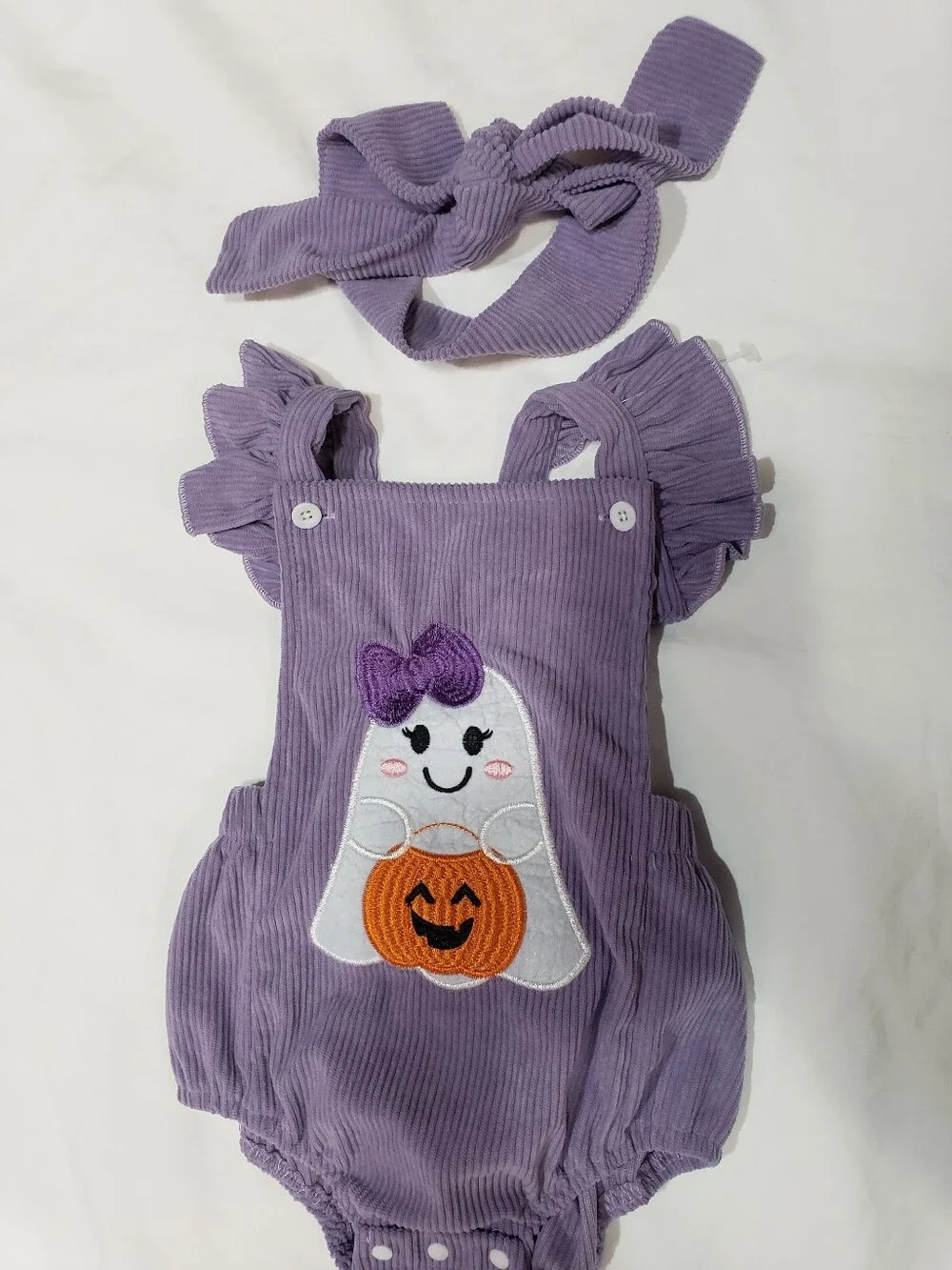 6-12months Baby Purple Halloween Romper Embroidered Ghost Pumpkin+hair Tie